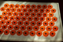 Massage mat. Product for massaging fingers. Orange discs with spines laid out in a row.