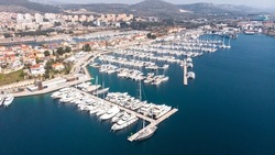 Aerial photography of beautiful D-Marin Marina Mandalina in Sibenik, main marina in the town. Modern port for sailing yachts, catamarans and motor yachts