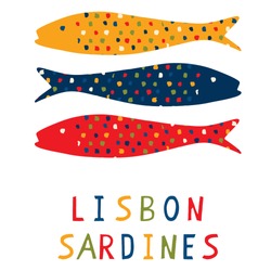 
Sardine motif clipart with Lisbon text.  Grilled fishes symbol for St Antonio traditional portugese food festival. June Portugal party . Atlantic blue ocean animal. Isolated fishing icon lettering