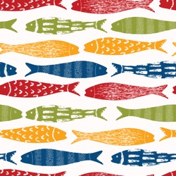 Sardine shoal of fish seamless vector pattern of grilled fishes. Lisbon St Antonio traditional portugese food festival. June Portugal street party. Atlantic ocean animal symbol. Isolated fishing icon