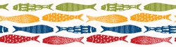 Sardine shoal of fish seamless vector border pattern of grilled fishes. Lisbon St Antonio traditional portugese food festival. June Portugal street party. Atlantic ocean animal ribbon, fishing banner.