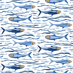 Blue Sardines Fish Seamless Vector Pattern. Swimming Sea Animal Motif for Lisbon St Anthony Portugese Food Festival. Graphic for Traditional Recipe Branding, Canned Seafood Packaging. Vector EPS10