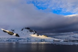 Spectacular Antarctic scenery of glaciated icy Cuverville Island at sunrise