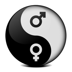 detailed illustration of yin yang symbol with gender icons, symbol for gender equality
