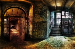 panorama of a hallway in an abandoned complex, hdr processing