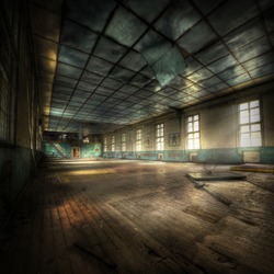 abandoned gym with cyrillic letters on the walls, hdr processing
