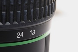 Close up of camera lens focal length
