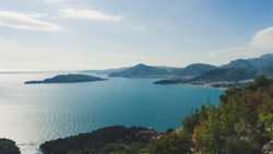 Panoramic landscape of the rocky coastline sea and Beach. Budva, Montenegro. Top view. View from the top of the mountain.