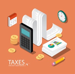 Flat 3d isometric design concepts for business and finance. Concepts for taxes, finance, bookkeeping, accounting, business, stock market, market research, etc.