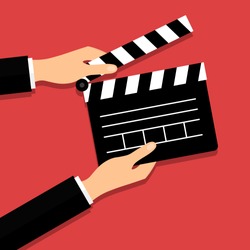 Black opened clapperboard in hands. Movie production clapper board. Cinematography concept. Vector illustration in modern flat style. EPS 10.