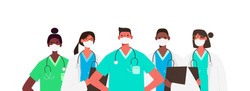 Coronavirus 2019-nCoV. Set of doctors characters in white medical face mask. Stop Coronavirus concept. Medical team doctor nurse therapist surgeon professional hospital workers, group of medics.