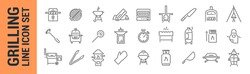 Grilling vector isolated line icon set. BBQ barbecue grill. Collection