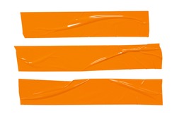 Sticker tape ripped torn pieces. Orange sticky plastic tapes set isolated on white background