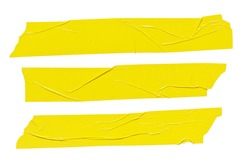 Yellow tape stickers isolated. Adhesive grunge ripped tape pieces set on white background