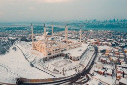 Aerial view of Istanbul and Camlica Mosque. Çamlıca is the most beautiful hill in Istanbul. The biggest building of this hill is the Camlica Mosque at winter in Istanbul Turkey