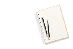 Notebook and pencil on white background. Abstract background for painting, drawing and sketching.
