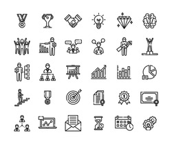 Business success icons set. Icons for business, management, finance, strategy, planning, analytics, banking, communication, social network, affiliate marketing. Created on pixel grid 64 x 64 pixel.