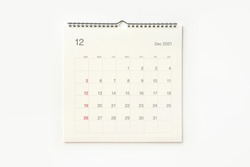 December 2021 calendar page on white background. Calendar background for reminder, business planning, appointment meeting and event.