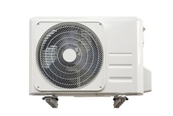 Condensing unit of air conditioning systems isolated on white with clipping path. Condensing unit installed on the wall.