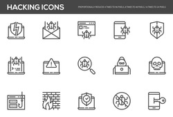 Hacking vector line icons set. Cyber virus, digital protection, hacker attack, internet security. Editable stroke. Perfect pixel icons, such can be scaled to 24, 48, 96 pixels.