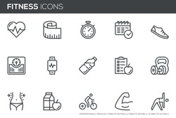 Fitness Vector Line Icons Set. Healthy Lifestyle, Sport, Diet, Workout. Editable stroke. Perfect pixel icons, such can be scaled to 24, 48, 96 pixels.