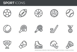 Sport Vector Line Icons Set. Sports equipment, various sports, balls, hockey. Editable stroke. Perfect pixel icons, such can be scaled to 24, 48, 96 pixels.