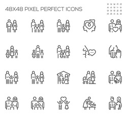 Set of Vector Line Icons Related to Family. Mother, Father and Children in a New House. Marriage, Motherhood, Child. Editable Stroke. 48x48 Pixel Perfect.