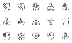 Mental Balance and Health. Mindfulness, Awareness, Spirituality. Vector Line Icons Set. Editable Stroke. Pixel Perfect.