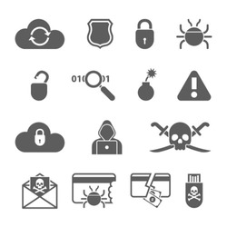 Hacker black icons set with bug virus crack worm spam isolated vector illustration