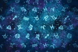 The twelve signs of the zodiac are randomly placed against the background of the cosmos, the universe. Astrology background. Esotericism, secrets of the universe.