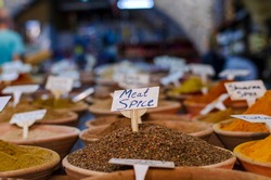 Dish with Hot Meat Seasoning and Sign Meat Spice, at the Spice Shop at the Oriental Bazaar in Jerusalem