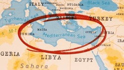 Mediterranean Sea marked with Red Circle on Realistic Map.