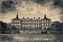 Pidhirtsi Castle, village Podgortsy, Renaissance Palace, Lviv region, Ukraine. Retro stylized photo in black and white colors 