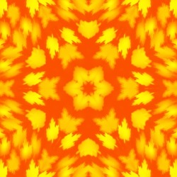 Autumn mandala from yellow maple leaves on red orange background. Made from natural objects. Symmetry ornament. Abstract kaleidoscopic arabesque. geometrical pattern
