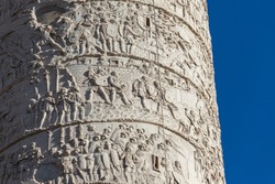 Close-up of the Trajan Column, Roman triumphal monument built by Emperor Trajan to celebrate the victory in Dacia Wars.