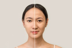 the female face of an Asian woman, the concept of beauty before and after contrast, the power of retouching. skin care, prolongation of youth. women's cosmetology