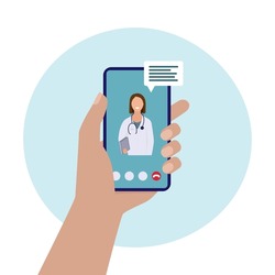 vector flat illustration, smartphone in hands internet medicine, doctor online consultation concept. video call, conversation with a doctor