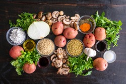 Vegan Lentil and Mushroom Shepherd's Pie Ingredients: Potatoes, lentils, mushrooms, and other ingredients to make a vegan cottage pie