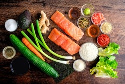 Spicy Salmon Sushi Bowl Ingredients: Raw salmon, sushi rice, vegetables, and other ingredients