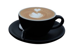 Black coffee cup with hot cappuccino, espresso with frothy foam heart shape isolated on white background. Cafe and bar, barista art concept.