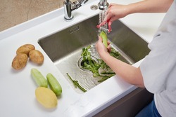 Food waste disposer machine in sink in modern kitchen