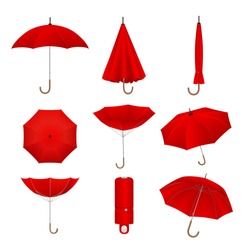 Red umbrellas set. Isolated on white background. Realistic umbrella or parasol in different positions, vector illustration. 