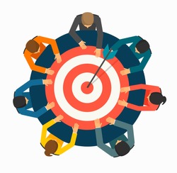 Achieving goal concept. Businesspeople  holding  target with arrow  on the table, vector illustration