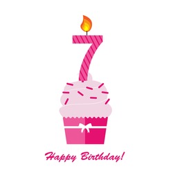 Happy Seventh Birthday Anniversary card with cupcake and candle  in flat design style, vector illustration 
