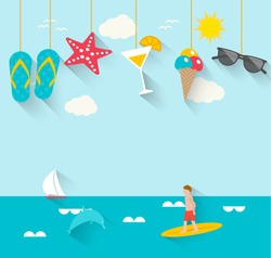 Summertime background with hanging summer icons, sea, surfer, boat, vector illustration. 