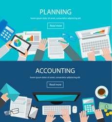 Concepts for business planning and accounting, analysis,  audit, project management, marketing, research in flat design style. Web banners set with top view desk, people, laptop,  computer, tablet, 