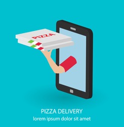 Isometric flat pizza delivery concept with hand holding out pizza boxes from smartphone or tablet, vector illustration. 