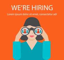 Woman with binoculars looking for the best suited employee. HR, recruiting, we are hiring concepts, vector illustration. 
