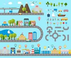 Cityscape design elements with navigation pins, road, park, transport, people, buildings, trees set. May be used for web site, brochure design, infographics template, chart, vector illustration