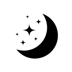 Moon with stars in night sky. Moon and star light isolated on white background. Crescent. Simple celestial shapes. Silhouette graphic elements. Icon sleep. Half moon with star. Black outline. Vector
